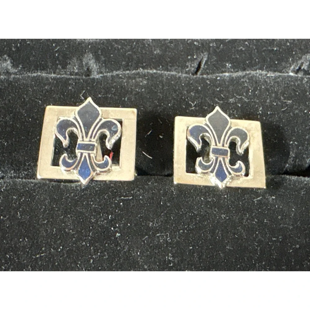Vintage Fleur De Lis Cufflinks Silver Tone Blue Enamel Square Toggle Back Mens